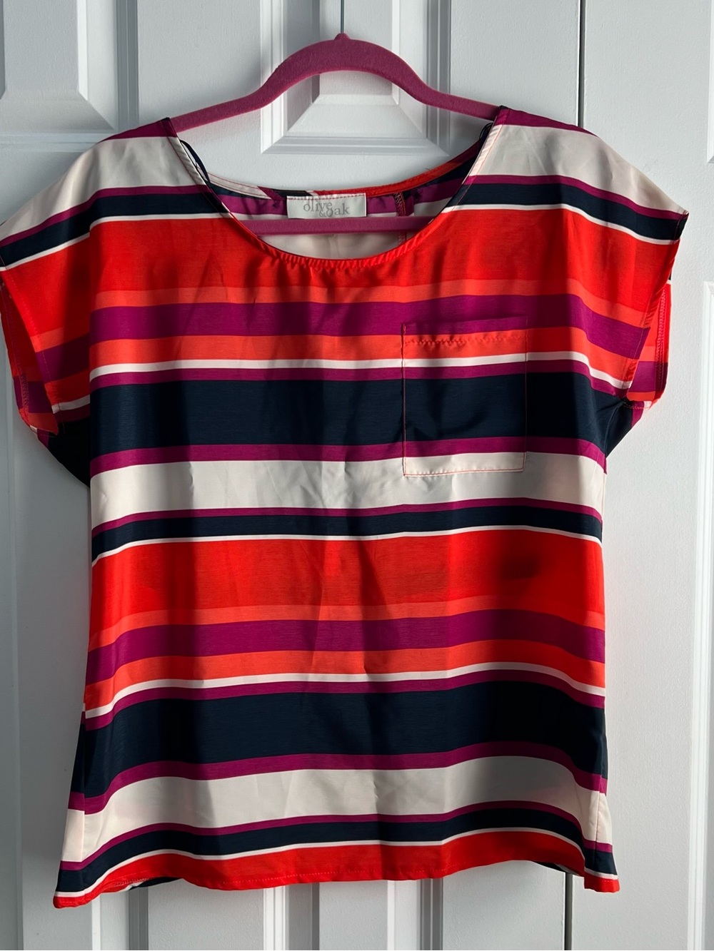 Olive & Oak Bold Multi-Stripe Short Sleeve Blouse in Red, Navy & Pink